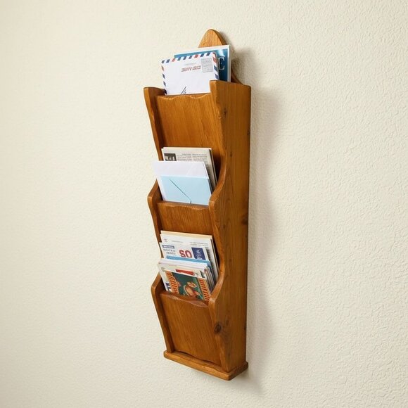 Vintage Wooden Wall-Mounted Mail Organizer With 3 Compartments 22" Tall For Home - Picture 1 of 10